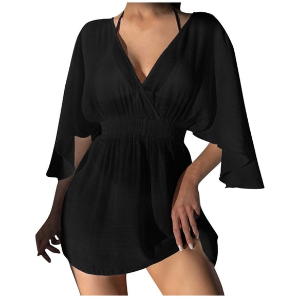 Virmaxy Womens Cover Ups Wraps Swimsuit Cover Ups Lace Crochet V-Neck Swimsuit Cover Ups Dress Beach Swimsuit Cover Ups Shawl Black M