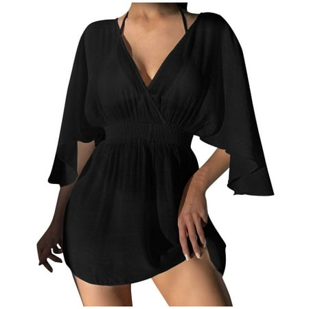 TMOYZQ Bathing Suit Cover Up for Womens Swimsuit V Neck Coverup Dress Bikini Beach Tunic Mini Dresses