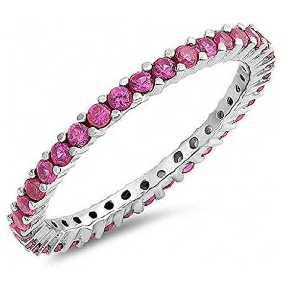 Round 2 mm Red Ruby Full Eternity Wedding Band Ring Stackable Ring 925 Sterling Silver Gemstone Jewelry For Women Gift