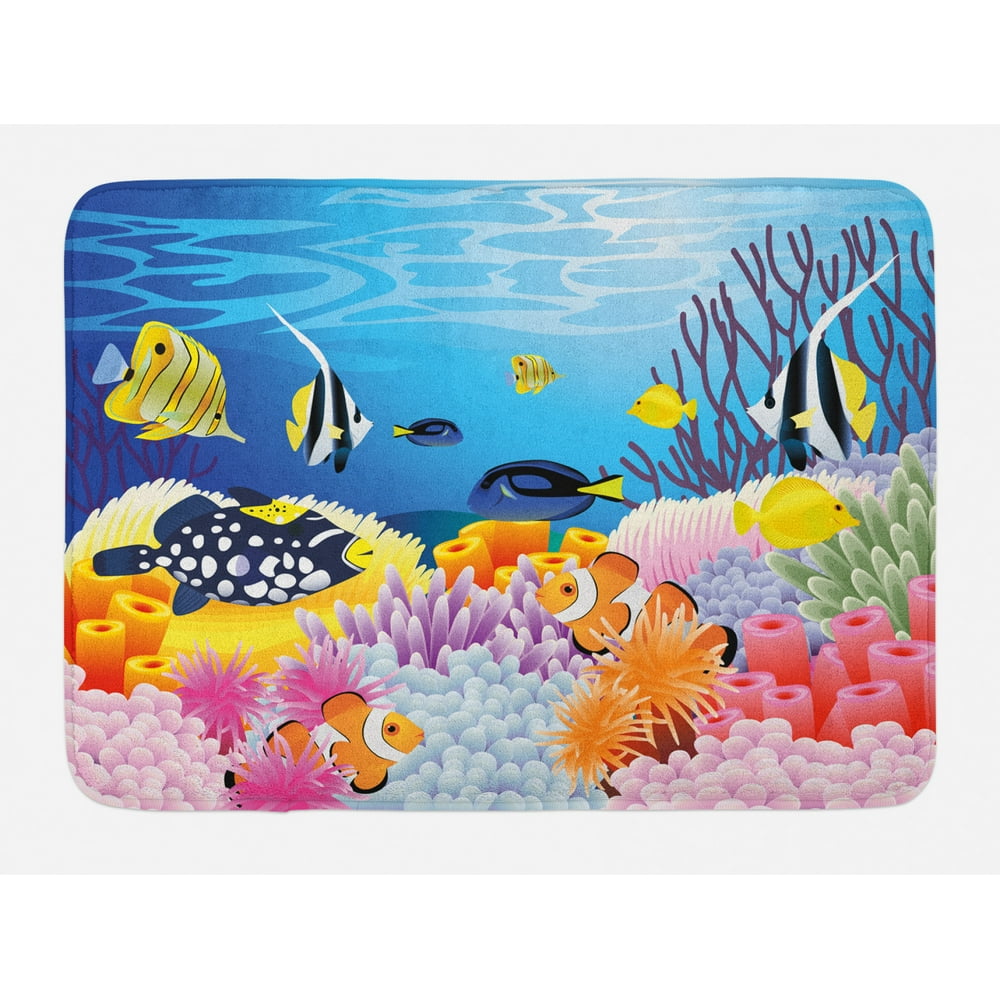 Fish Bath Mat, Water Life Different Kind of Fishes Coral Reefs and