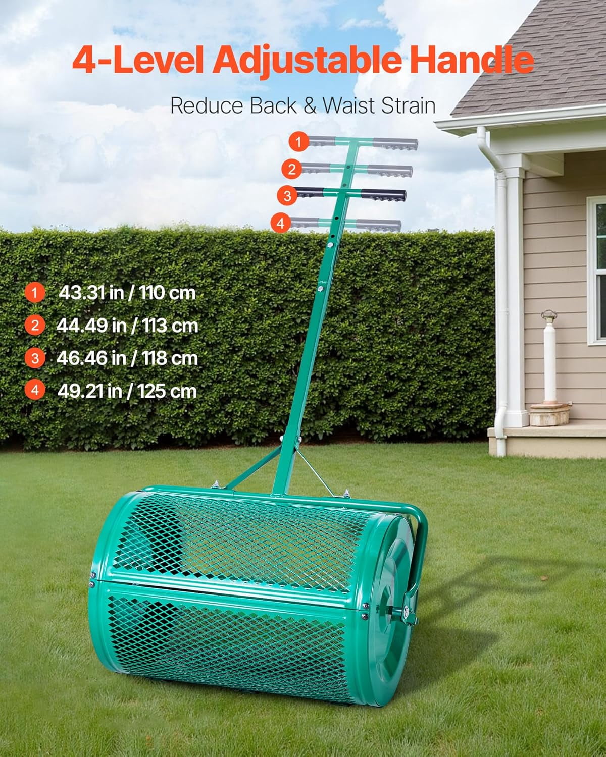 Garden Peat Moss Roller, Compost Spreader, 24 in Wide Heavy Duty Grass Seed Spreaders with T Shaped Handle, 3 Heights Adjustable, Powder-Coated Steel Peat Moss Spreader for Planting Seeding