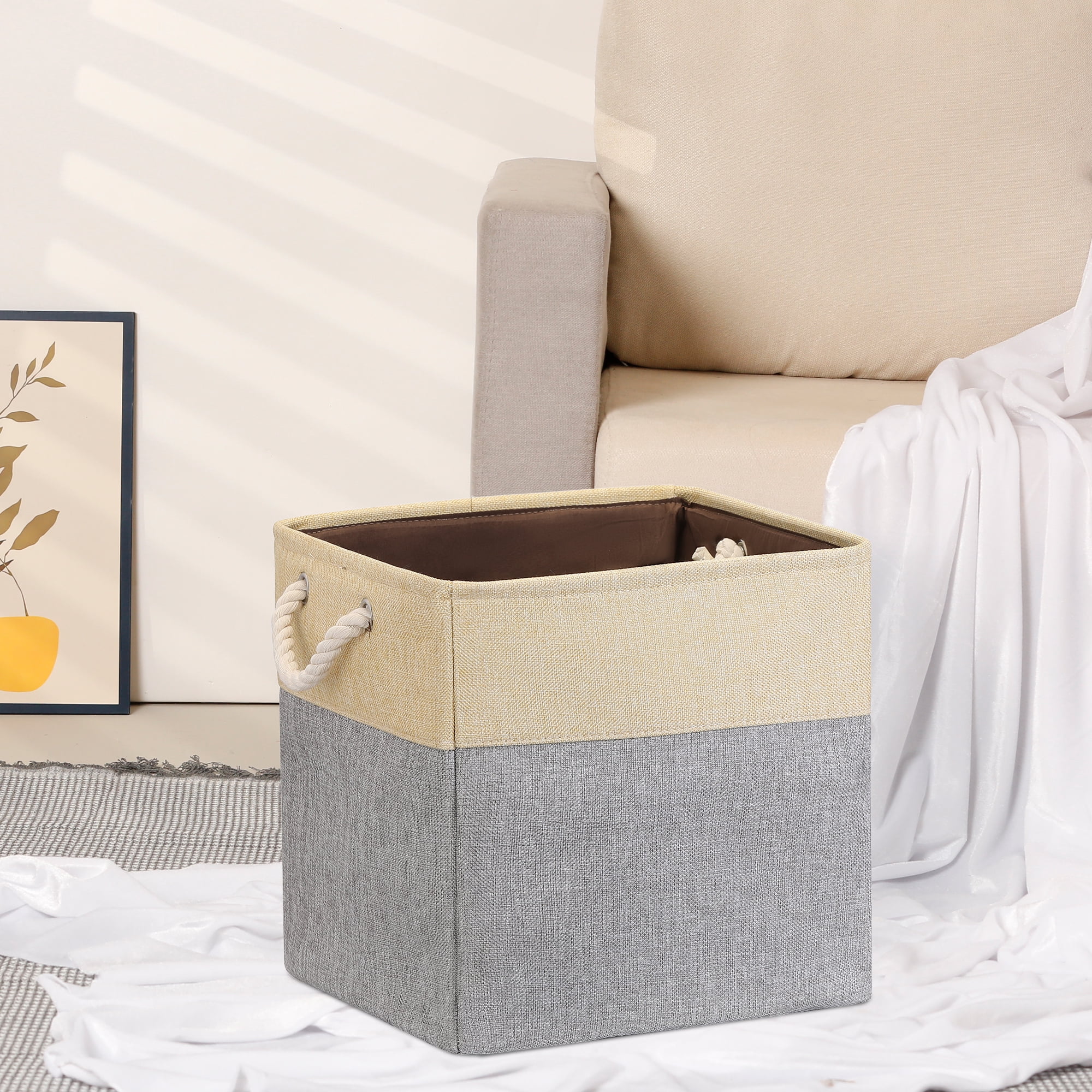 Unique Bargains Square Fabric Storage Basket Bin Beige/Grey 13inch