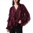 thumbnail image 2 of Blusa Informal Elegante para Mujer, de Larga, con Cuello en V y Volantes, Ideal para Oficina y Trabajo. Vino Tinto M, 2 of 10
