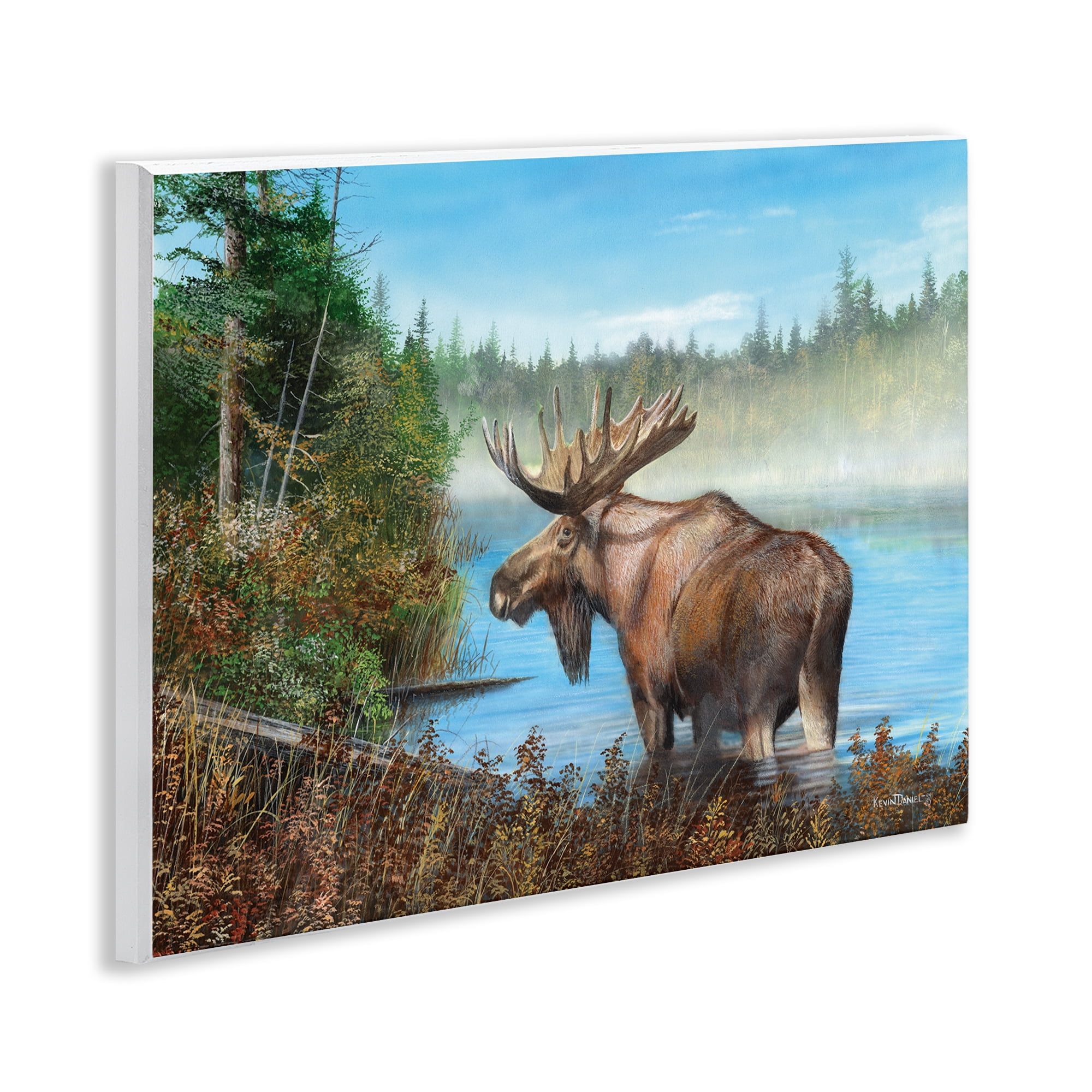 Stupell Industries Rustic Moose Wading in Shore Landscape & Nature Painting Unframed Art Print Wall Art, 14 x 11