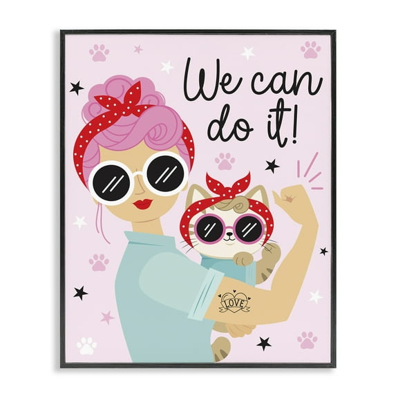 Stupell Industries We Can Girl & Cat People Painting Black Framed Art Print Wall Art, 11 x 14