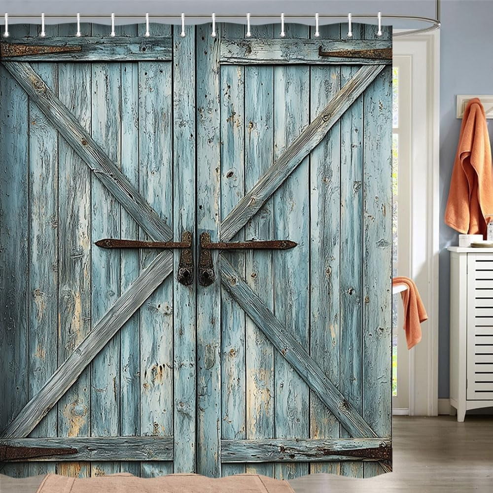Wooden Barn Door Shower Curtain, Rustic Wooden Garage Door Shower Curtain Vintage Wood Farmhouse Shower Curtain, Country Barn Door Shower Curtain with Hooks, 72X72 Inch, Blue