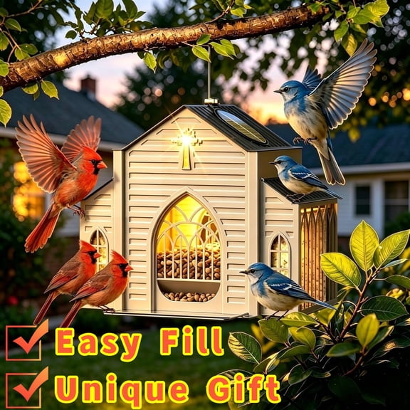 Church Shaped Bird Feeder with Solar Light, Manor Classic Solar Feeder, Large Capacity Wild Bird Feeder, Solar Powered LED Garden Decor