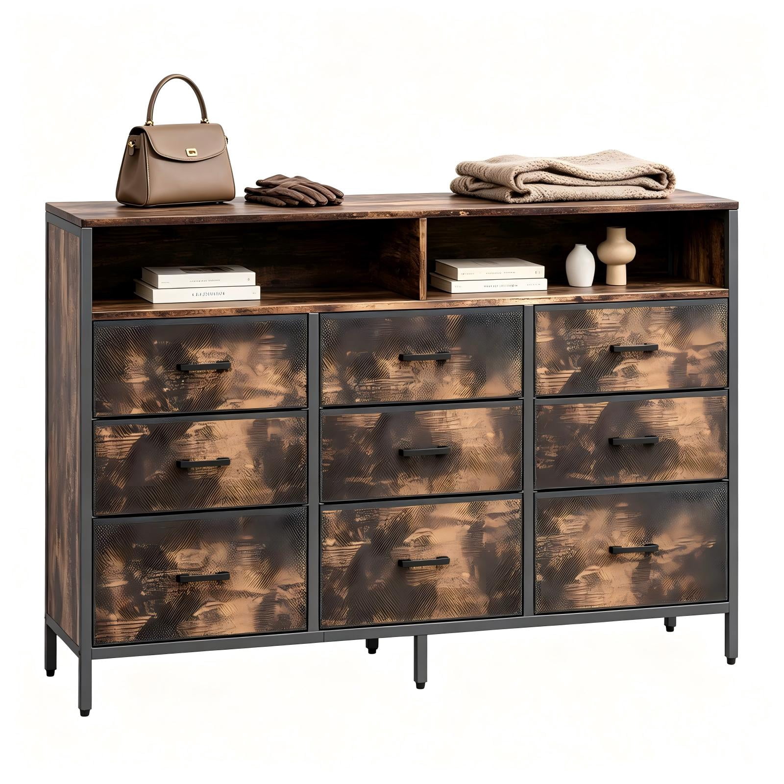 9-Piece Non-Woven Fabric Drawer Cabinet with Shelves, 55 x 11.8 x 34 in, Rotten Wood