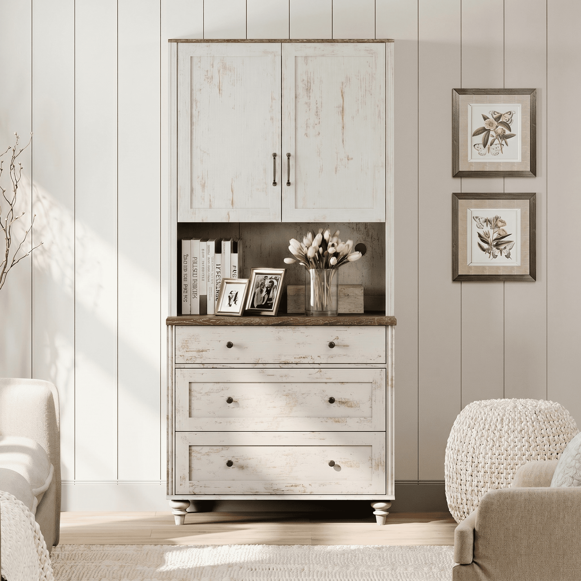72"H × 34"W Modern Farmhouse Wooden Library Bookcase with Wood Doors & 3 Drawers, Freestanding Storage Bookshelf for Living Room, Office & Study Room, Rustic white