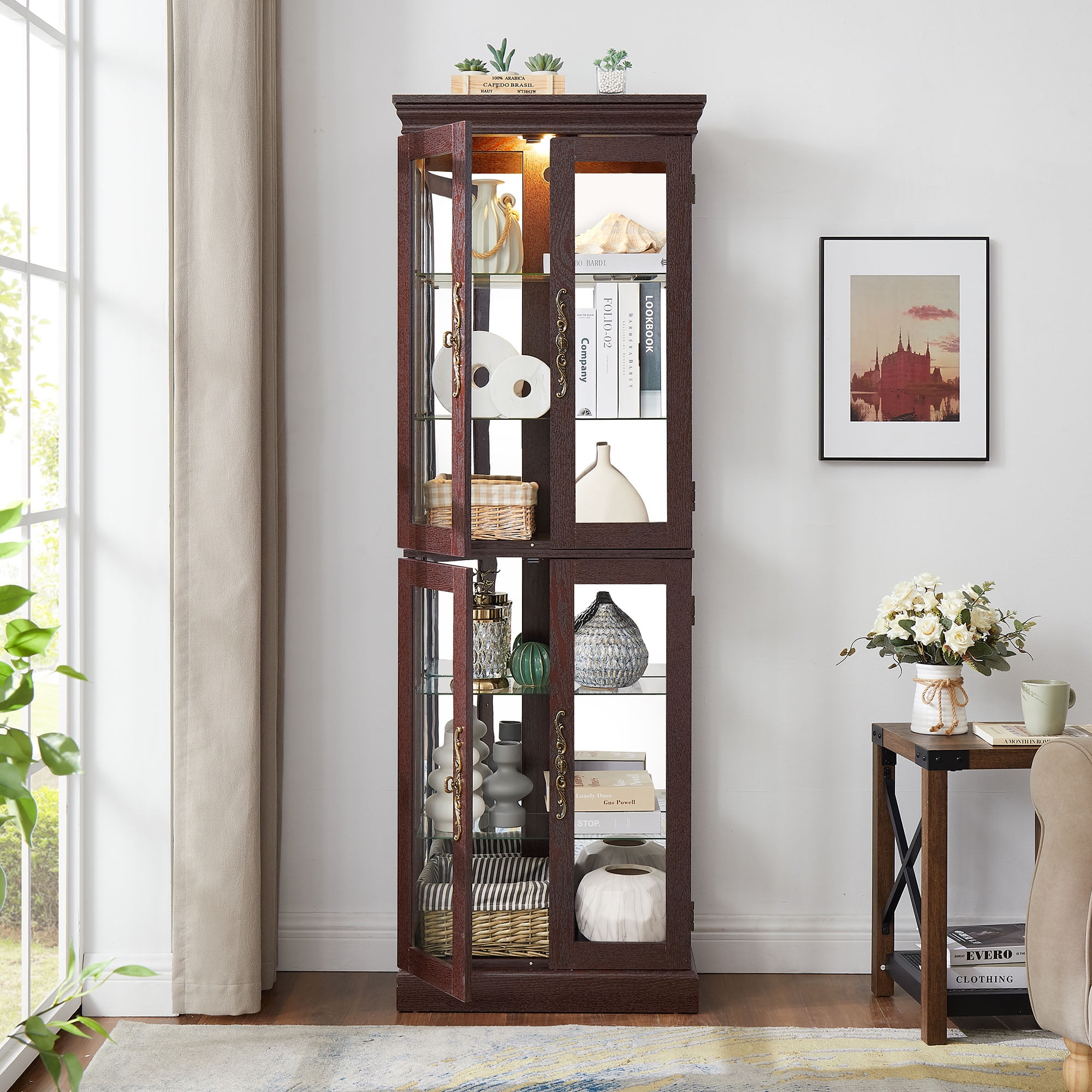S-Home Curio Storage Glass Display Cabinet with Adjustable Shelves, Wooden, 12" x 72" x 24"