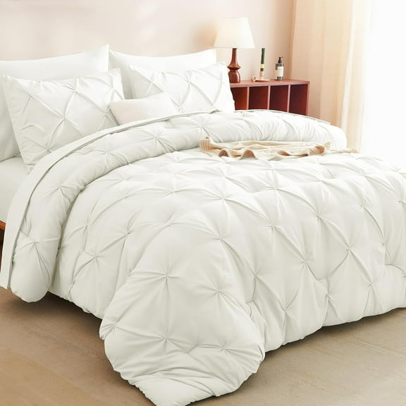 WISHEAD Twin Comforter Set White, 7 Pieces Pintuck Bed in A Bag, Premium Black Comforter Queen Size, Pinch Pleat Bedding Sets with Comforter, Sheets, Pillowcases & Shams