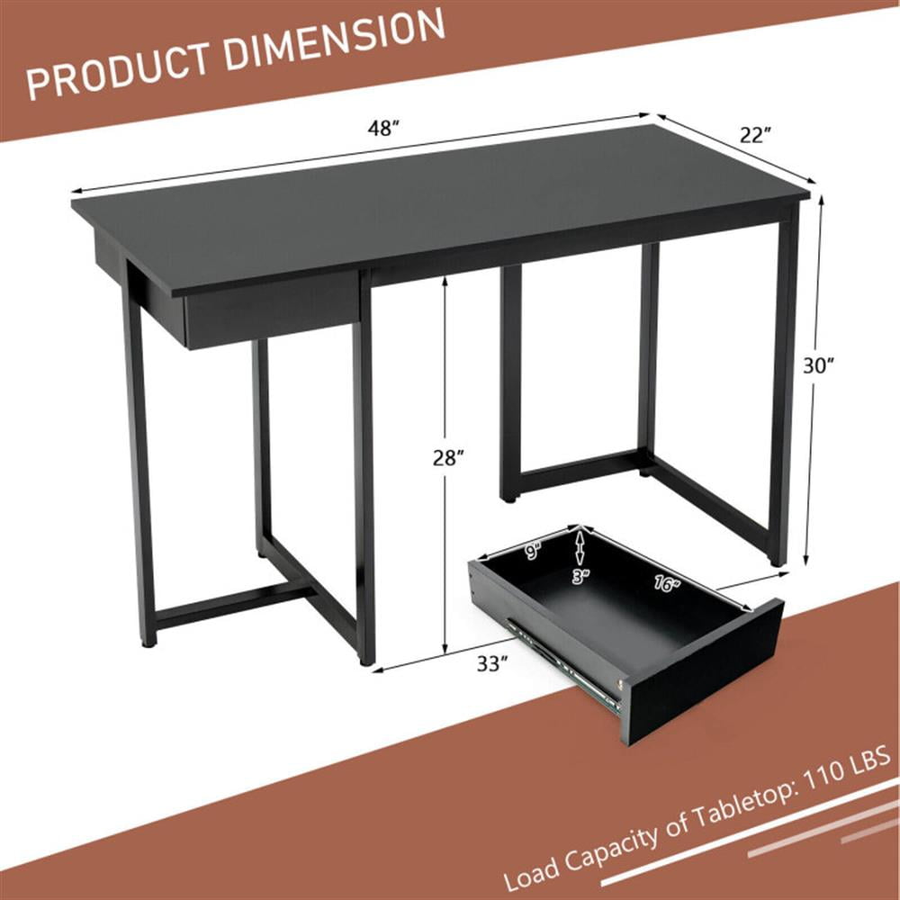 Demi Bonn 48" Computer Desk with Metal Frame and Adjustable Pads, Small Home Office Desk Study Writing Table, Black