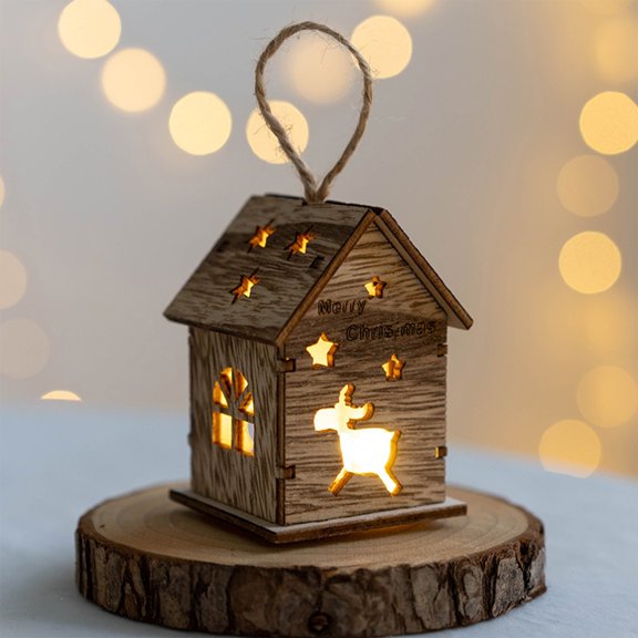 VOTRUDI Snowflakes Ornaments for Christmas Decoration,Glowing Wooden House Pendant for Creative Christmas Tree Decoration with Snowman, Elks and Snowflake Lighting.,Brown