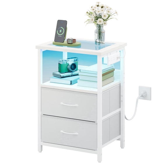 TOMNK Nightstand with LED Lights & Charging Station, Side Table with Tempered Glass Top, USB Ports & Outlets, Fabric Drawers for Bedroom/Living Room, White