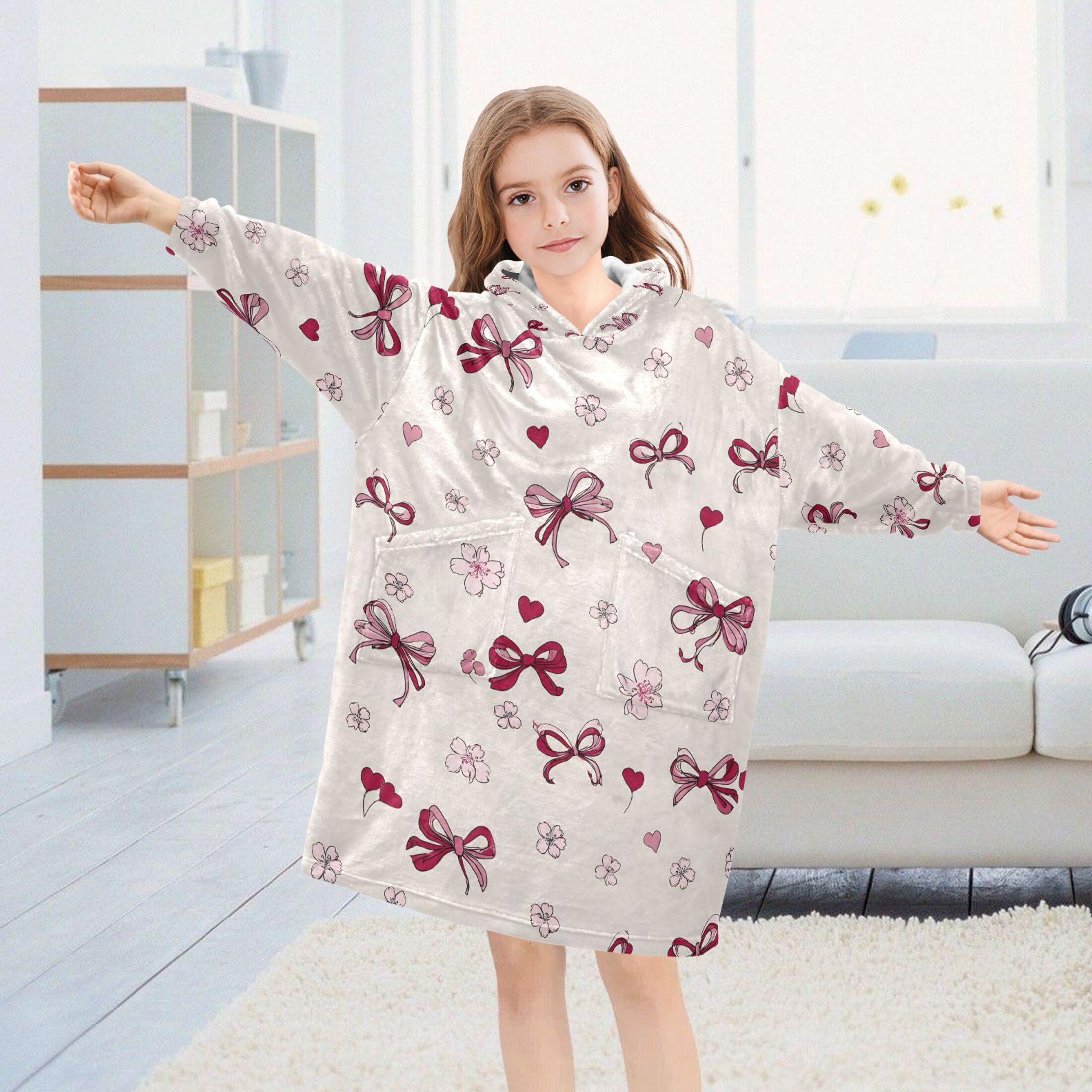 joogoo Blanket Hoodie for Art Bows Hearts Oversize Sweatshirt 3-14 YR L