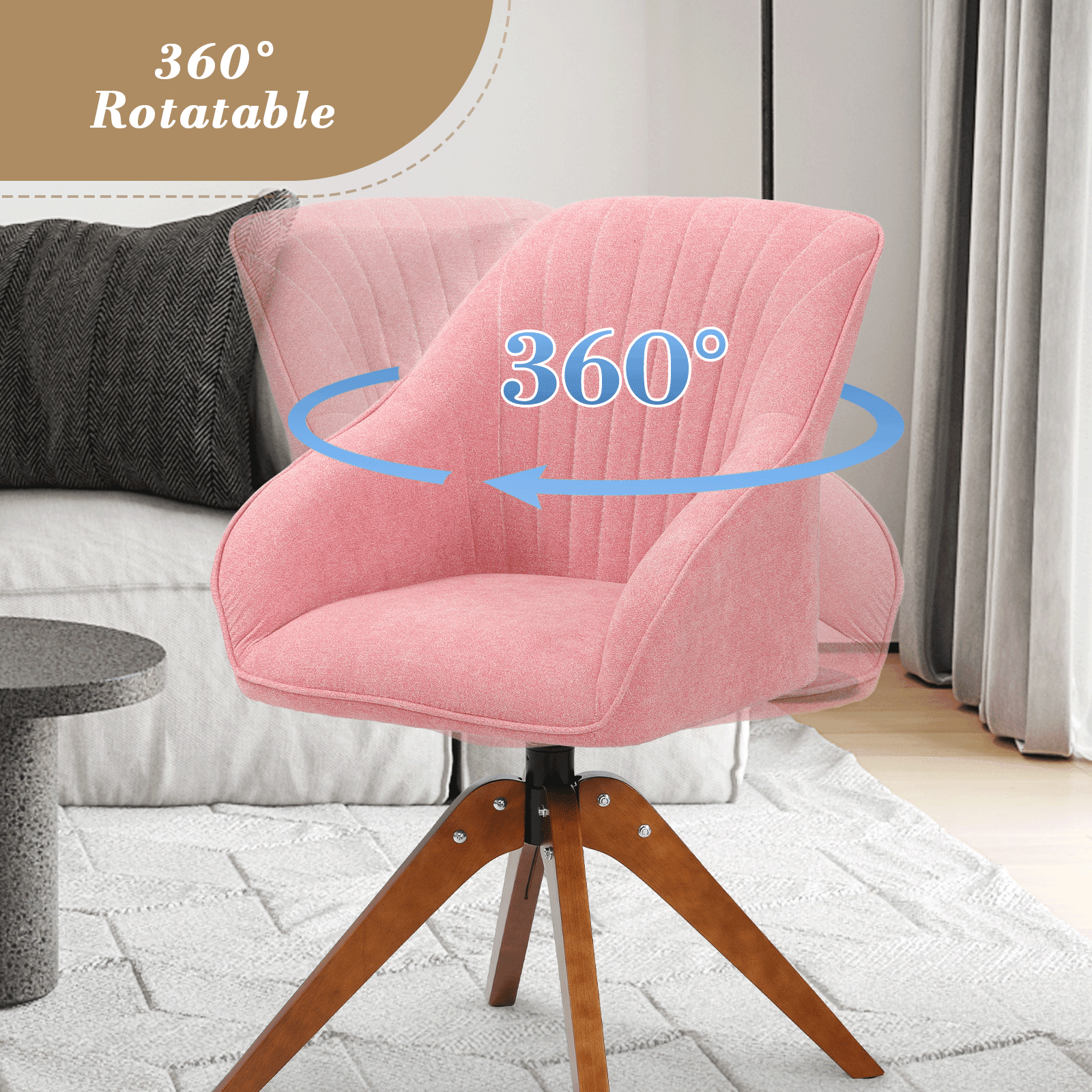 OSM Modern Swivel Accent Chairs, Set of 2 for Living Room, Solid Wood Legs & 360° Rotation, Fabric Armchair for Home Office, Bedroom, Study, Pink