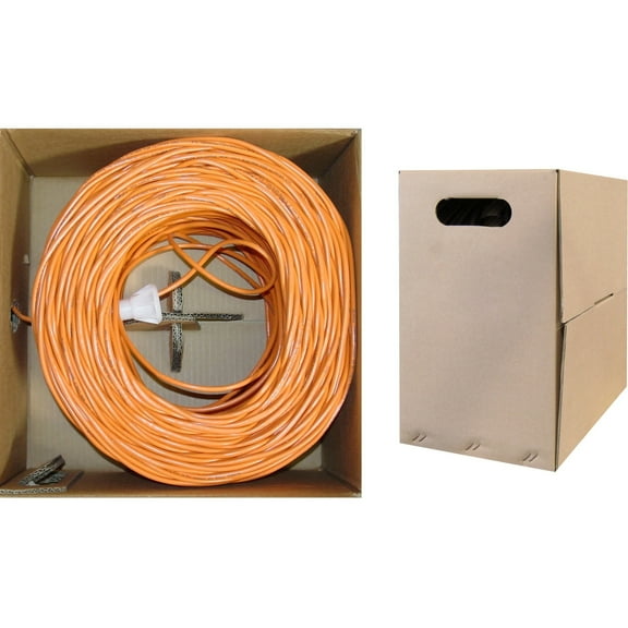 1000 Foot Bulk Cat6 Ethernet Cable, Plenum Rated (CMP), Orange Ethernet Cable, 23 AWG 4 Pair Solid Bare Copper, UTP (Unshielded Twisted Pair) with PullBox, CableWholesale