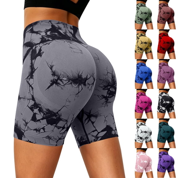 Breezora Womens High Rise Tie Dye Workout Shorts Belly Firming Compression Yoga Shorts Seamless Sporty Bottoms