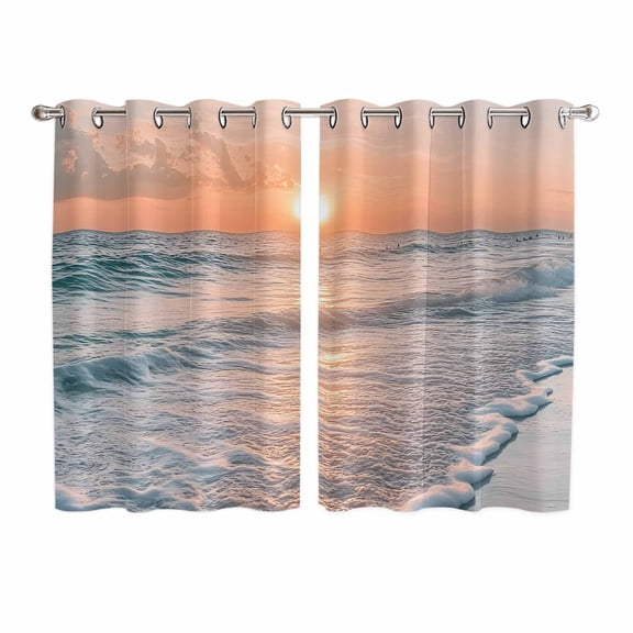Ocean Sunset Kitchen Curtains 72 Inch Length, Summer Beach Shore Sky Sun Scenery Grommet Top Bedroom Living Room Curtains, Light Filtering Cafe Curtain Drapes 2 Panels Set 104''x72''