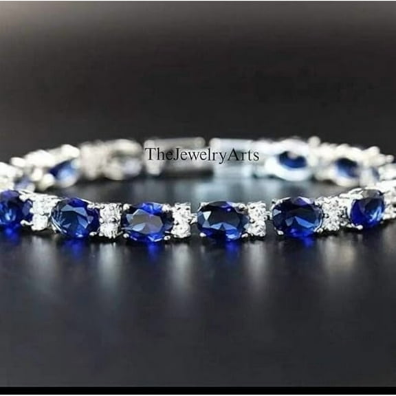 Tennis Sapphire Bracelet – Oval Cut Sapphire Solid Sterling Silver Special Occasion Jewelry Tennis Design Ideal Gift for Women Black Vermeil 6 Inch
