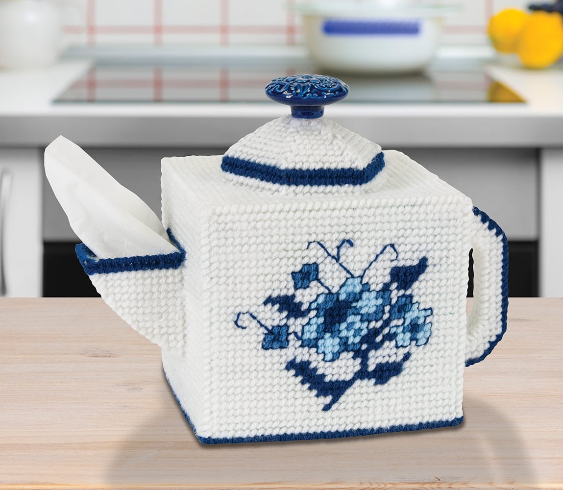 Mary Maxim Delft Teapot Tissue Box Cover Plastic Canvas Kit