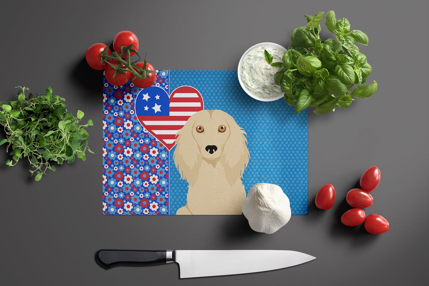 Longhair Cream Dachshund Glass Cutting Board Large 12 in x 15 in