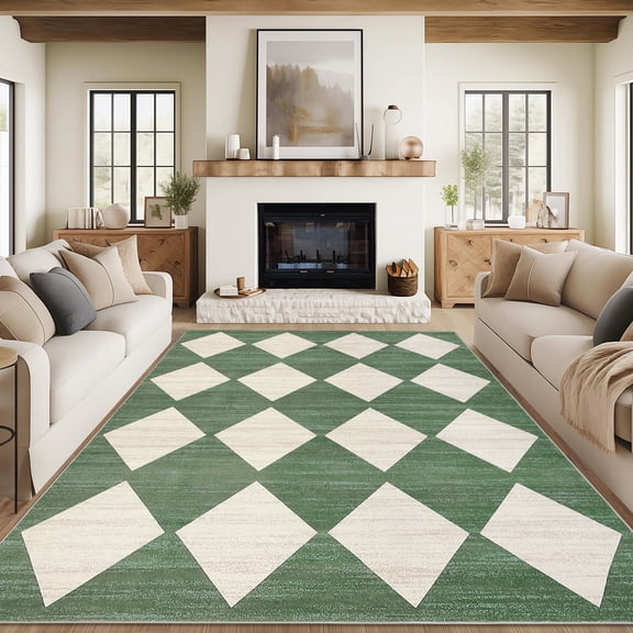 FairOnly 9'x12'Diamond Pattern Low Pile Stain Resistant Area Rug Modern Geometric Washable Rugs for Bedroom Livingroom,Dark Green