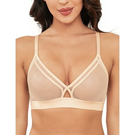 Wingslove Women s Sheer Mesh Bra See Through Sexy Lace Unlined Wireless Plunge Triangle Bra with Silicone Nipple Cover  Nude 38D