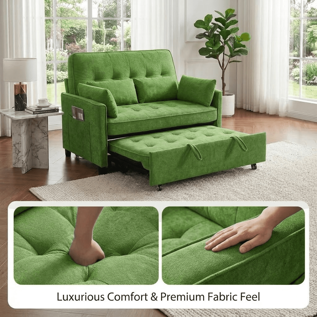 Howcool 55" Sleeper Sofa Bed, 3-in-1 Pull Out Convertible Loveseat Couch with 5-Level Adjustable Backrest, USB Port & Side Pocket, Terry Fabric Sofa for Living Room, Bedroom & Small Spaces,Green