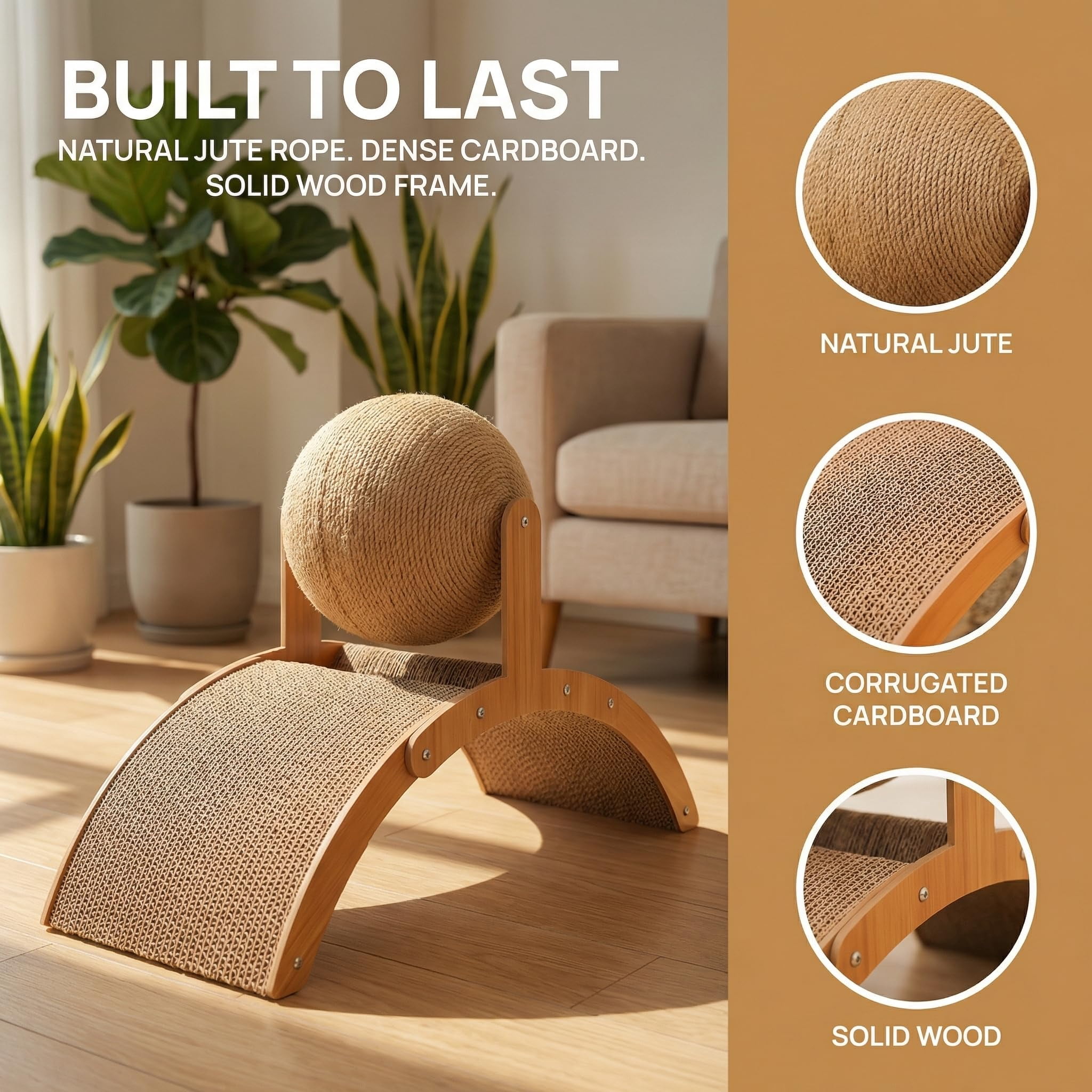 Cat Scratching Ball on Stand, Solid Wood Interactive Cat Scratcher with Arch Bridge & 360° Rotating Ball – Durable Cats Toy for Indoor Cats & Kittens, Prevents Furniture Damage (21.6 * 8.8 * 15.7in)