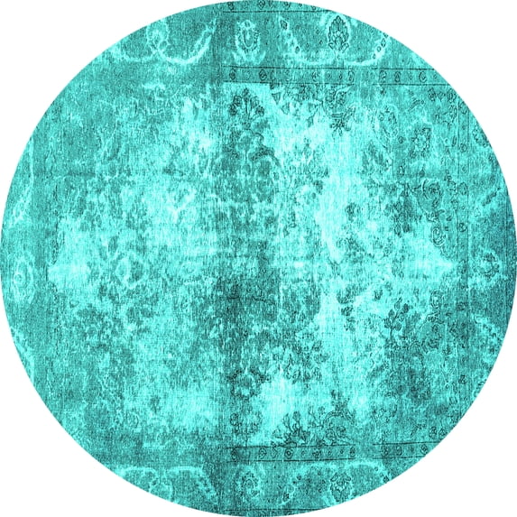 Ahgly Company Machine Washable Indoor Round Abstract Turquoise Blue Contemporary Area Rugs, 4' Round