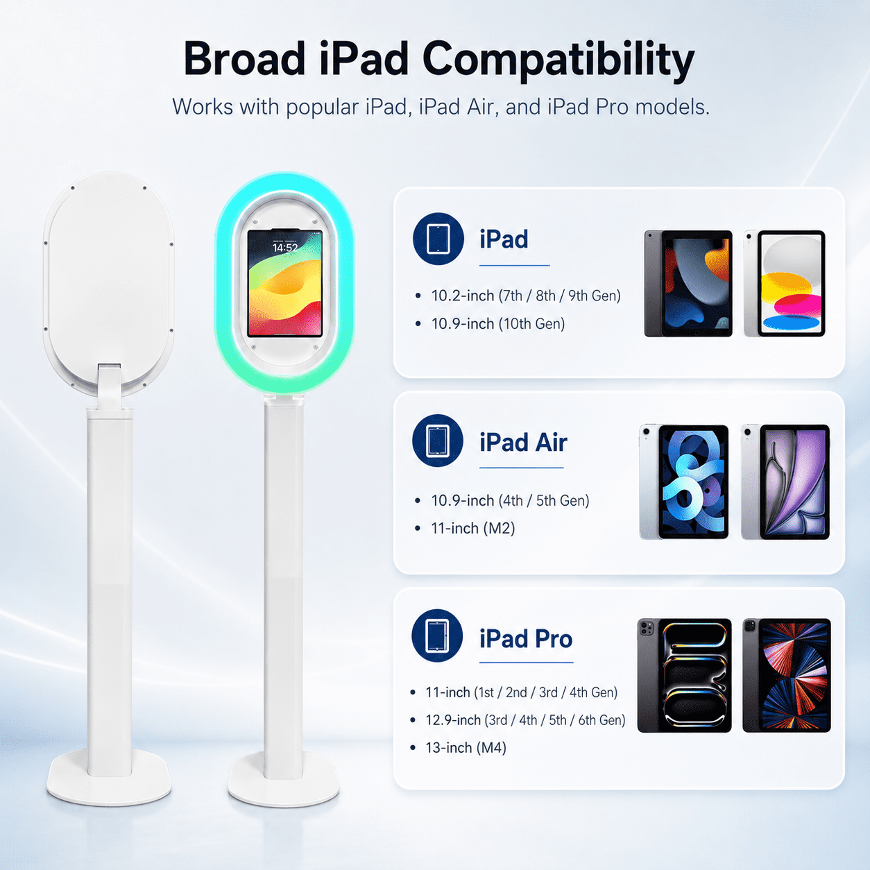Portable iPad photo booth with flight case, metal selfie stand, and RGB ring light, perfect for parties, weddings, and rental businesses - compatible with 10.2-inch to 13-inch iPads.