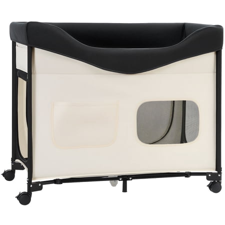 Folding Raised Pet Bed on Wheels Portable Dog Cot with Storage Bags and Carry Case 600D Oxford Fabric for Cats and Dogs XL Beige