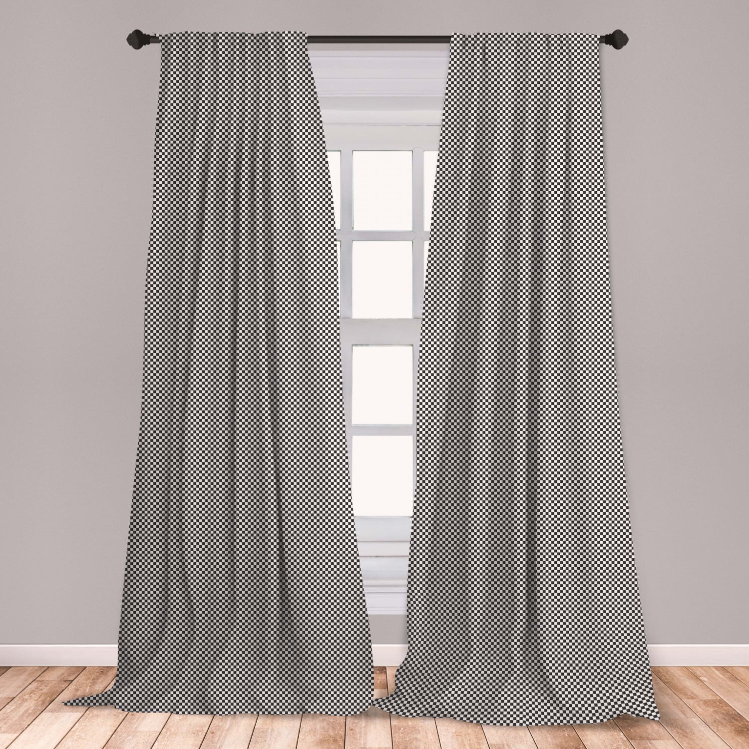 Checkered Curtains 2 Panels Set, Monochrome Composition with Classical
