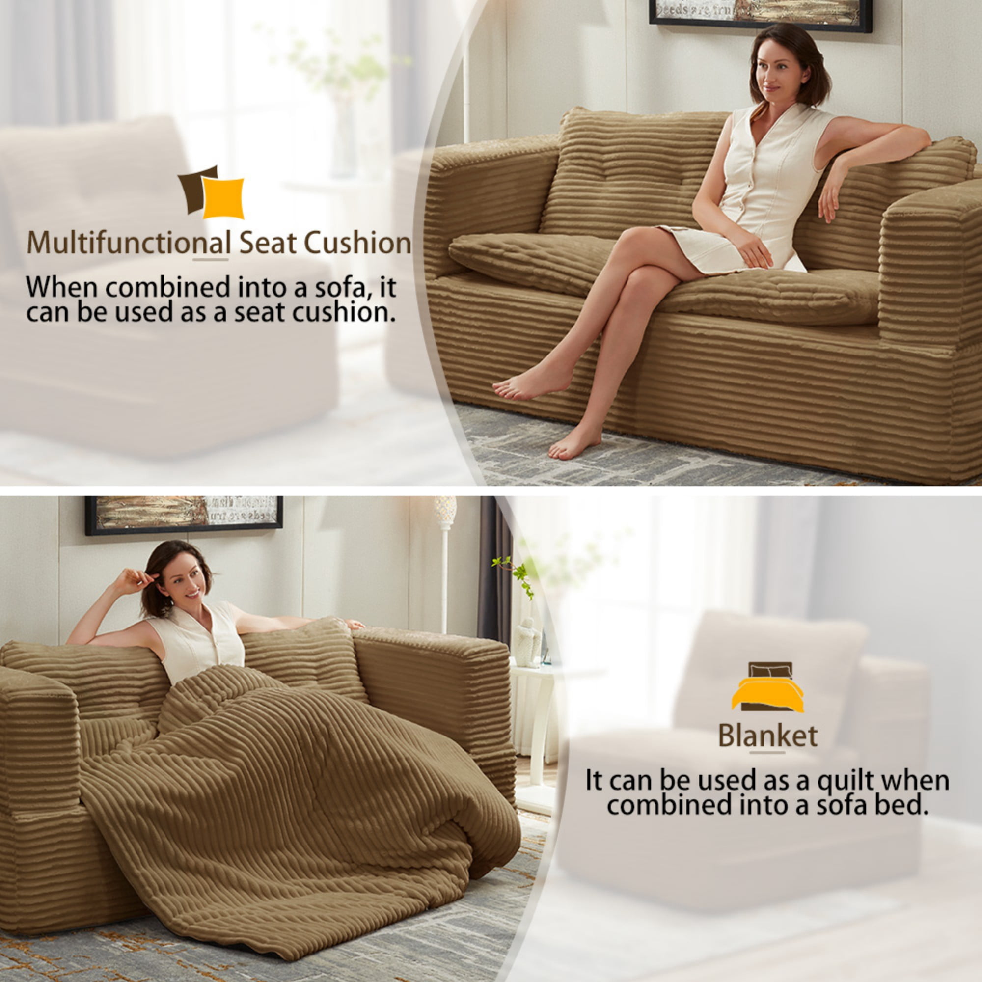 80" King Size Convertible Sleeper Sofa Bed with Independent Chaise Lounge,Multifunctional Plush Corduroy Sectional Sofa Couch for Living Room,Bedroom,Camel