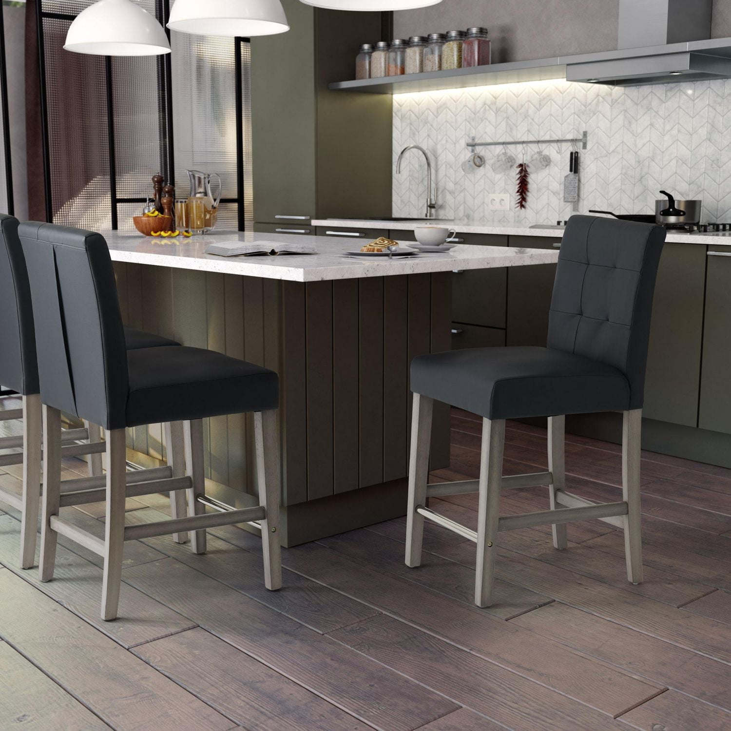 CorLiving Leila Faux Leather Upholstered Indoor Counter Height Bar Stool with High Back, Black