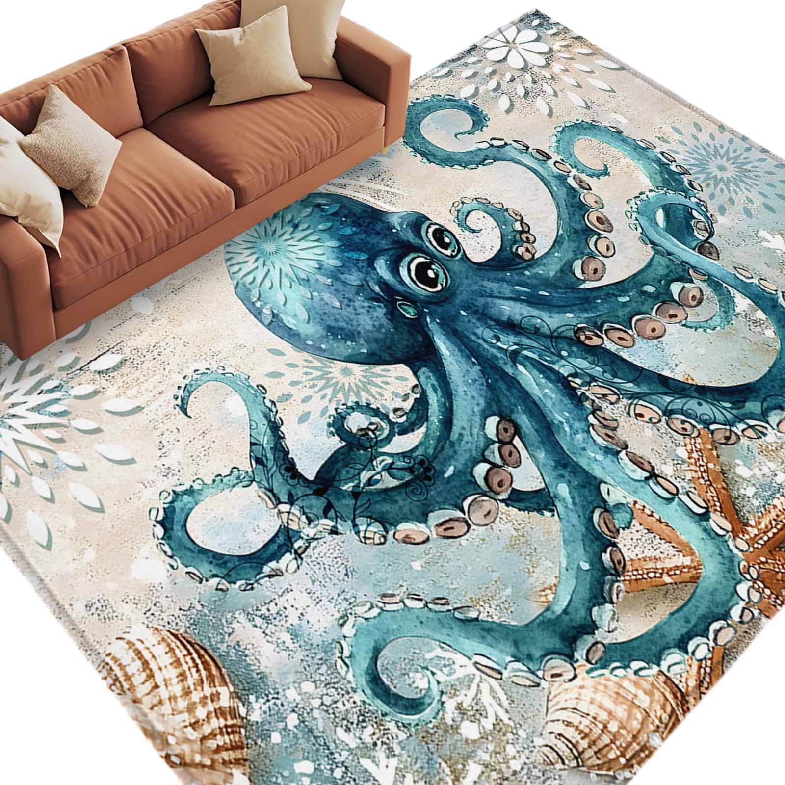 Teal Octopus Coastal Area Rugs 8x10 for Living Room, Summer Beach Vintage Nautical Non Slip Washable Rug Runner, Low Pile Indoor Floor Carpet Mat Bathroom Rugs for Bedroom, Kids Room