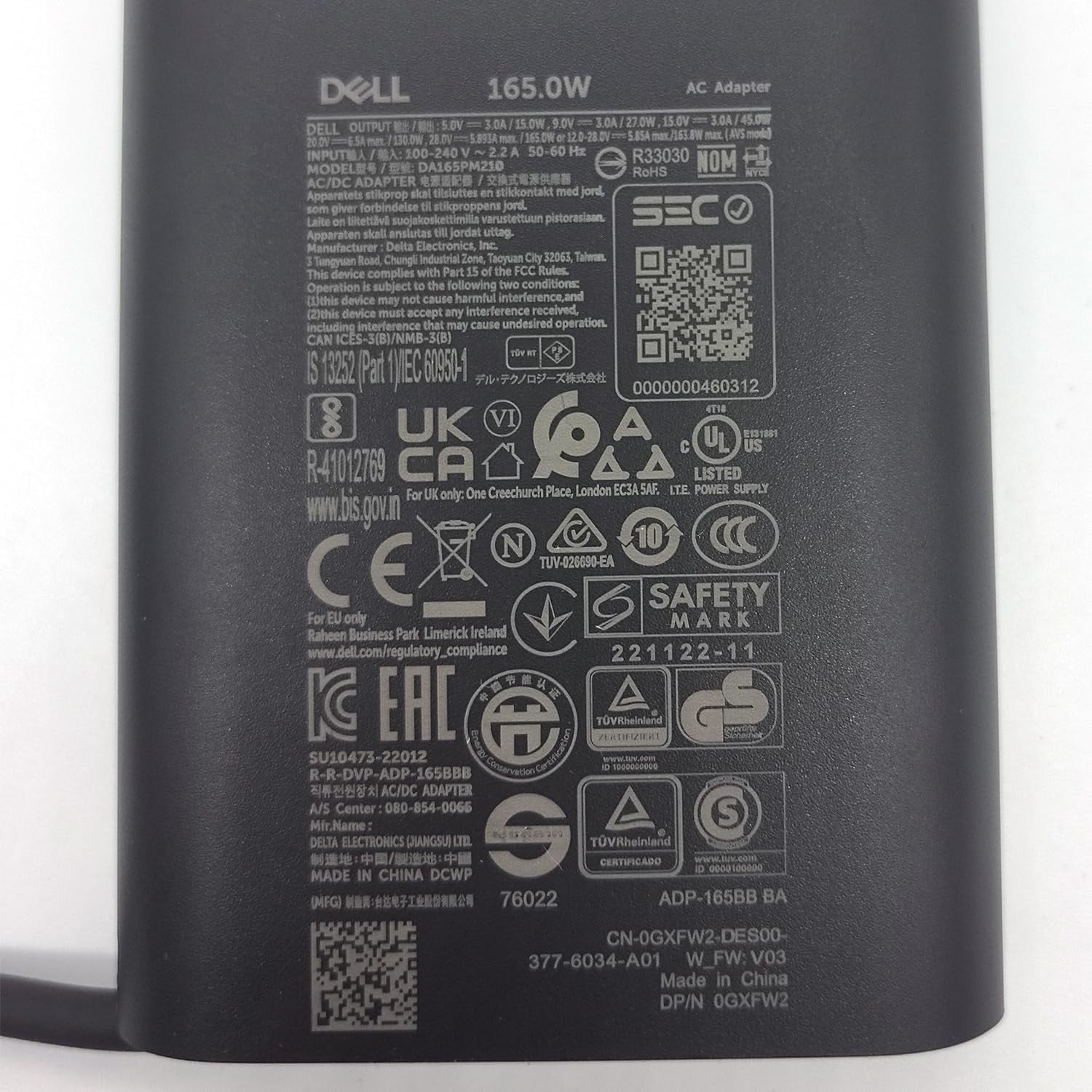 Dell 165W Laptop Charger USB C Type C GAN AC Power Adapter 5.89A 28V, Black, DA165PM210