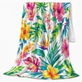 thumbnail image 2 of Bright Hibiscus and Bird of Paradise Leaves, Vibrant Tropical Style for Flower Lovers, Island Floral Burst and Housewarming Gift, Soft Flannel Blanket for Sunroom and Guest Room, Home Decor, 2 of 9