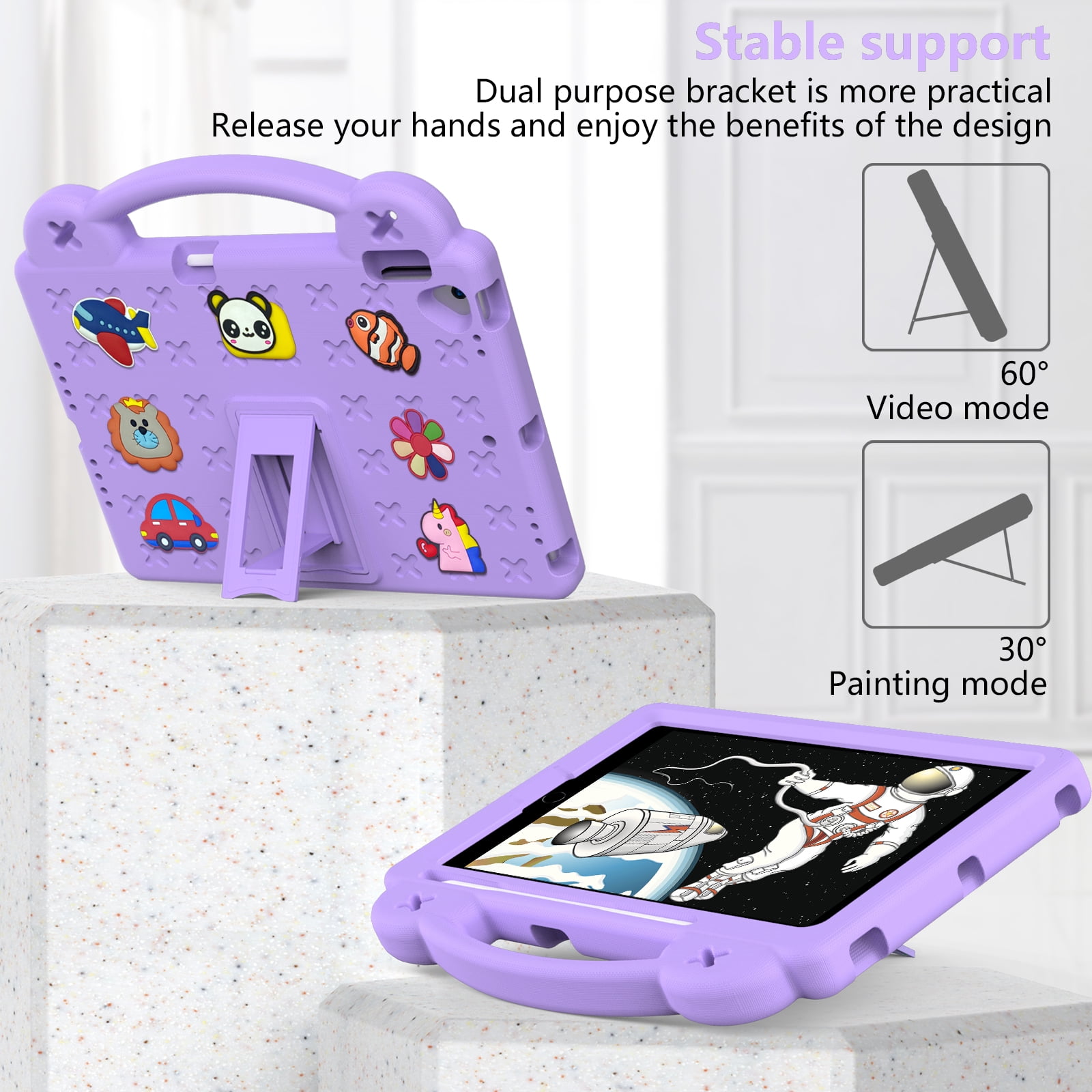 ELEHOLD Kids Case for iPad 9th/8th/7th Gen (2021/2020/2019)10.2 inch, EVA Foam Cute Cartoon Case with Built-in Kickstand Pencil Holder Shockproof Portable Case for iPad 10.2",Lightpurple