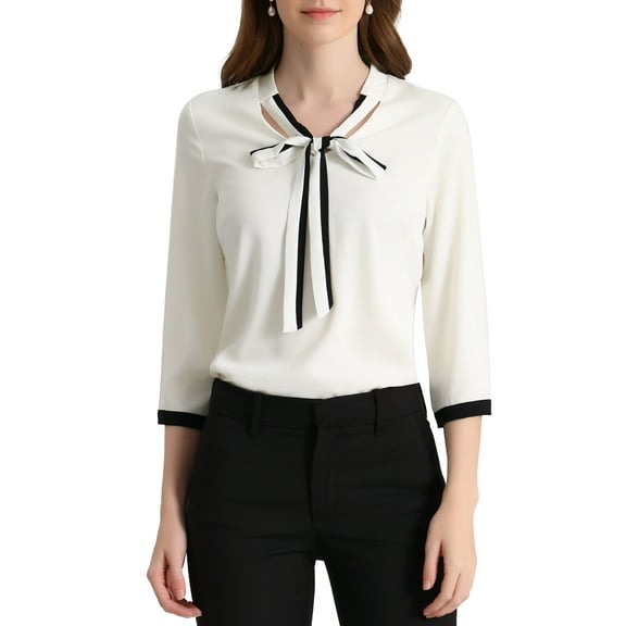 DARING DIVA Women's Tie V Neck Half Sleeve Button Cuffs Shirt White S