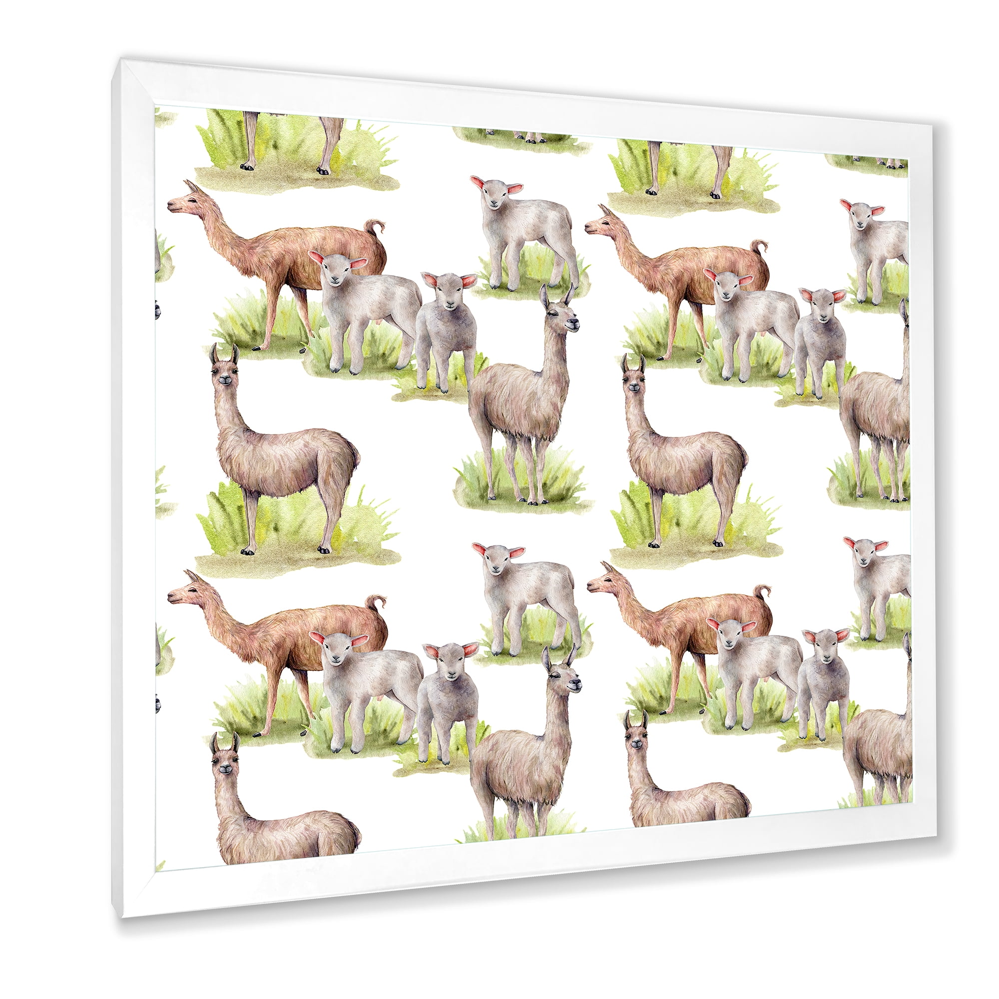 Designart 'Lambs and Lamas On A Green Meadow' Farmhouse Framed Art Print