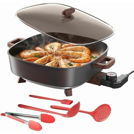 Electric Skillet with  Kitchen Tools Nonstick Griddle, Dishwasher Safe, Rapid Heating, Vented Glass Lid & Oven Safe Family Cookware