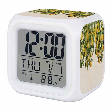 Summer Lemon Digital Alarm Clock for Bedrooms,Smart LED Alarm Clock with 7 Color Night Light,Green Botancial Summer Yellow Fruits Rustic Silent Wake Up Clocks for Sleep Study Cooking 3.2x3.2