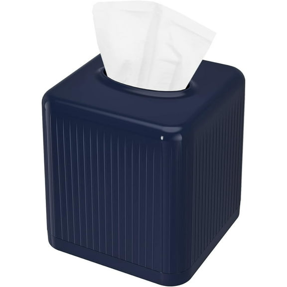 Tissue Box Cover with Base, Square Plastic Tissue Box Holder Decorative Tissue Box Case Modern Facial Paper Dispenser for Bathroom, Vanity Countertops, Night Stands, Desk - Navy Blue