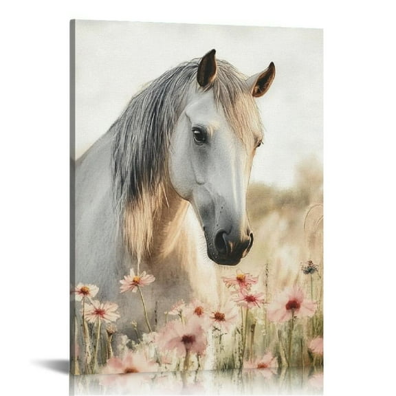 Shadudu Beautiful Horse Pink Flower Animal Watercolor Painting Canvas Wall Art, Multicolor 12x16 in