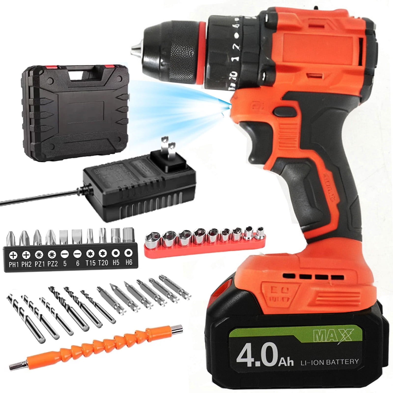 SUSUZI 48V Cordless Drill Set - 60Nm Max Torque, 34Pc Accessories, 2-Speed (0-1300 RPM), 3/8" Keyless Chuck, LED Light & Fast Charger - Power Drill for Wood/Metal/Brick DIY Projects