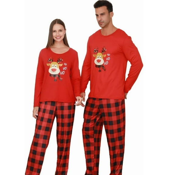 ZEFORTEX Christmas Reindeer Pattern Matching Pajamas - Holiday Long-Sleeved Set (Red Version)
