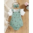 thumbnail image 2 of Biekopu Infant Baby Girl Summer Clothes, Solid Color Fly Sleeve Round Neck Tops + Flower Pattern Suspender Jumpsuit + Bow Headband, 2 of 9