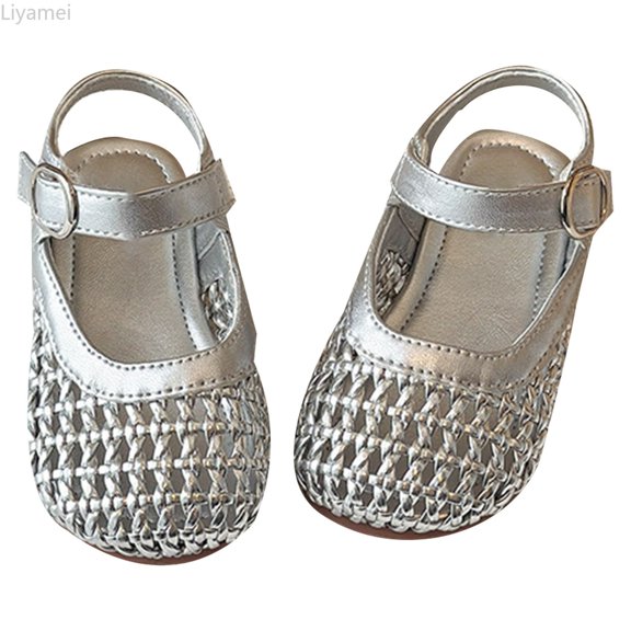 Liyamei Girls Sandals For Toddler And Kids Summer Breathable Weaved Mary Jane Shoes Casual Hollow Out Design Comfortable Daily Wear Girls Dress Sandals Size Silver 2-2.5 Years